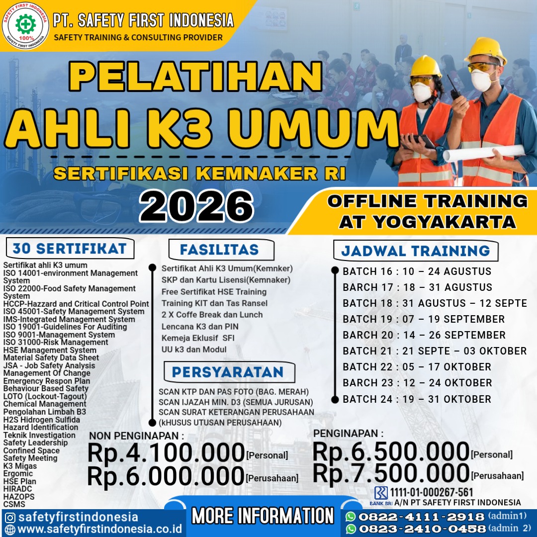 Pelatihan Ahli K3 Umum Sertifikasi Kemnaker RI Offline di Yogyakarta - 30 Sertifikat