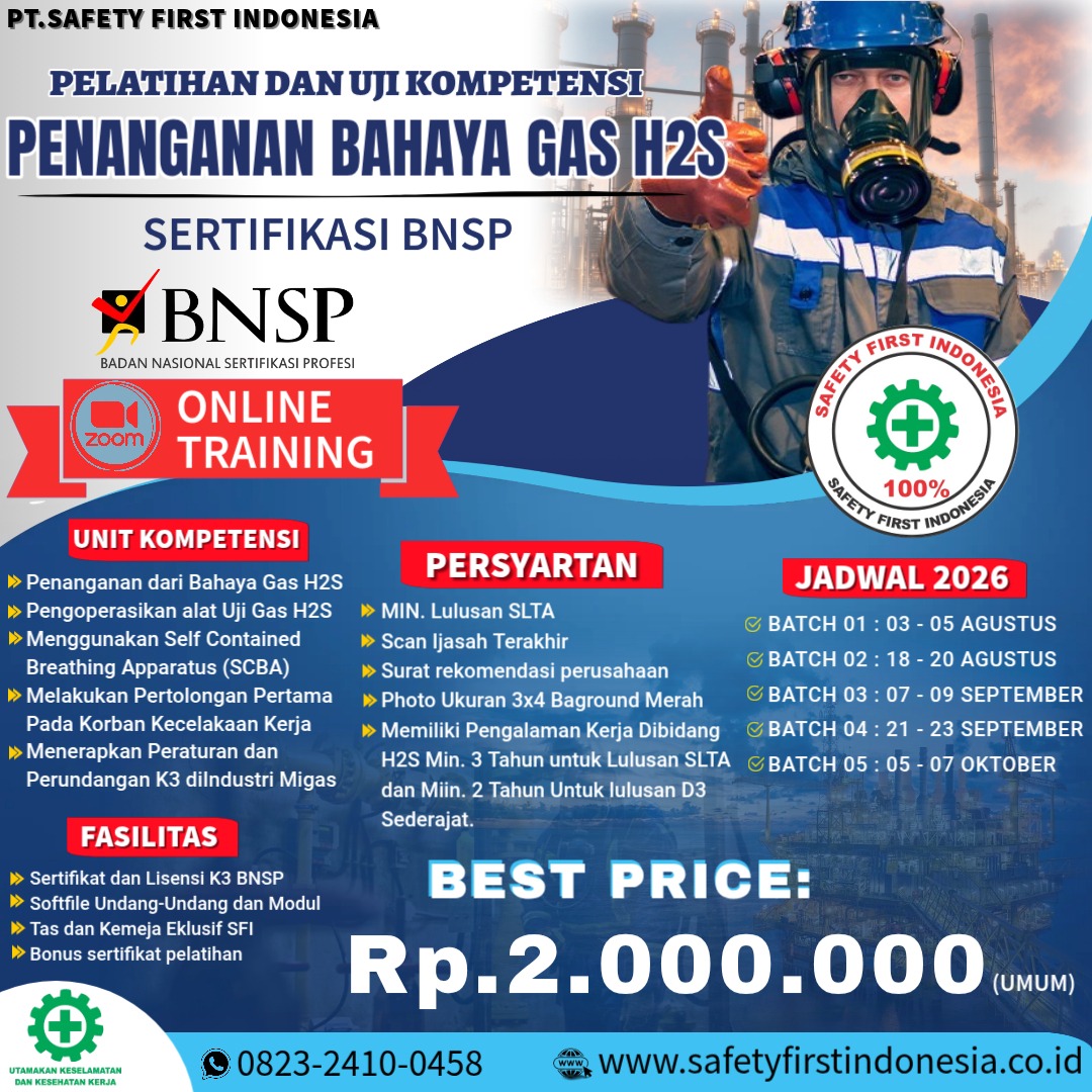 Pelatihan Dan Uji Kompetensi penanganan bahaya gas H2S Sertifiaksi BNSP Online