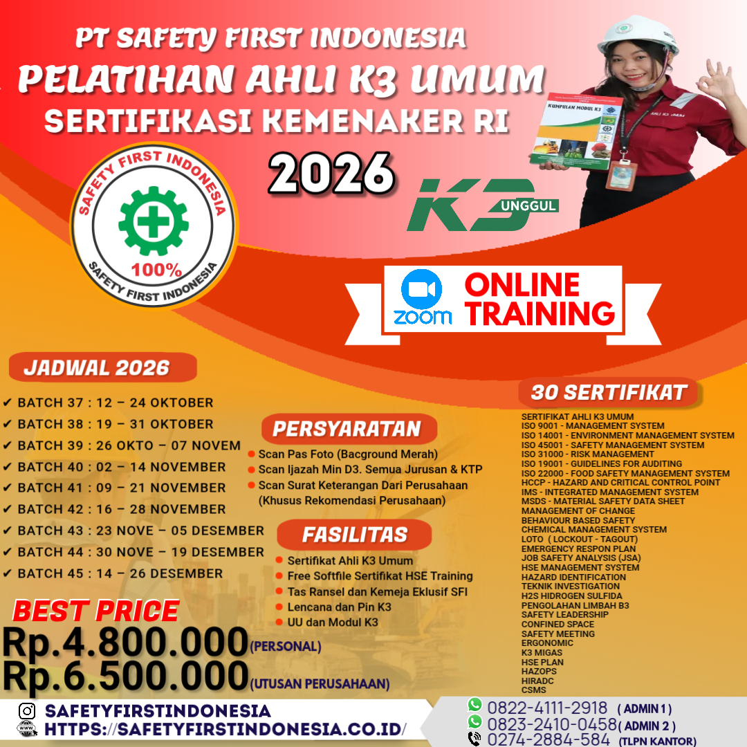 Sertifikasi Kemnaker RI Ahli K3 Umum 2026 ONLINE zoom 30 Sertifikat