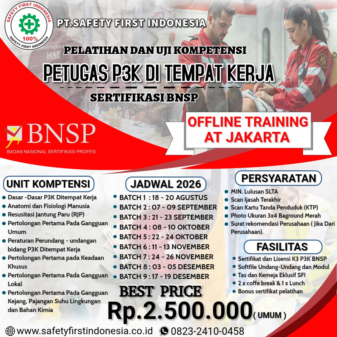 Pelatihan dan Uji Kompetensi Petugas P3K di Tempat Kerja Sertifikasi BNSP Jakarta
