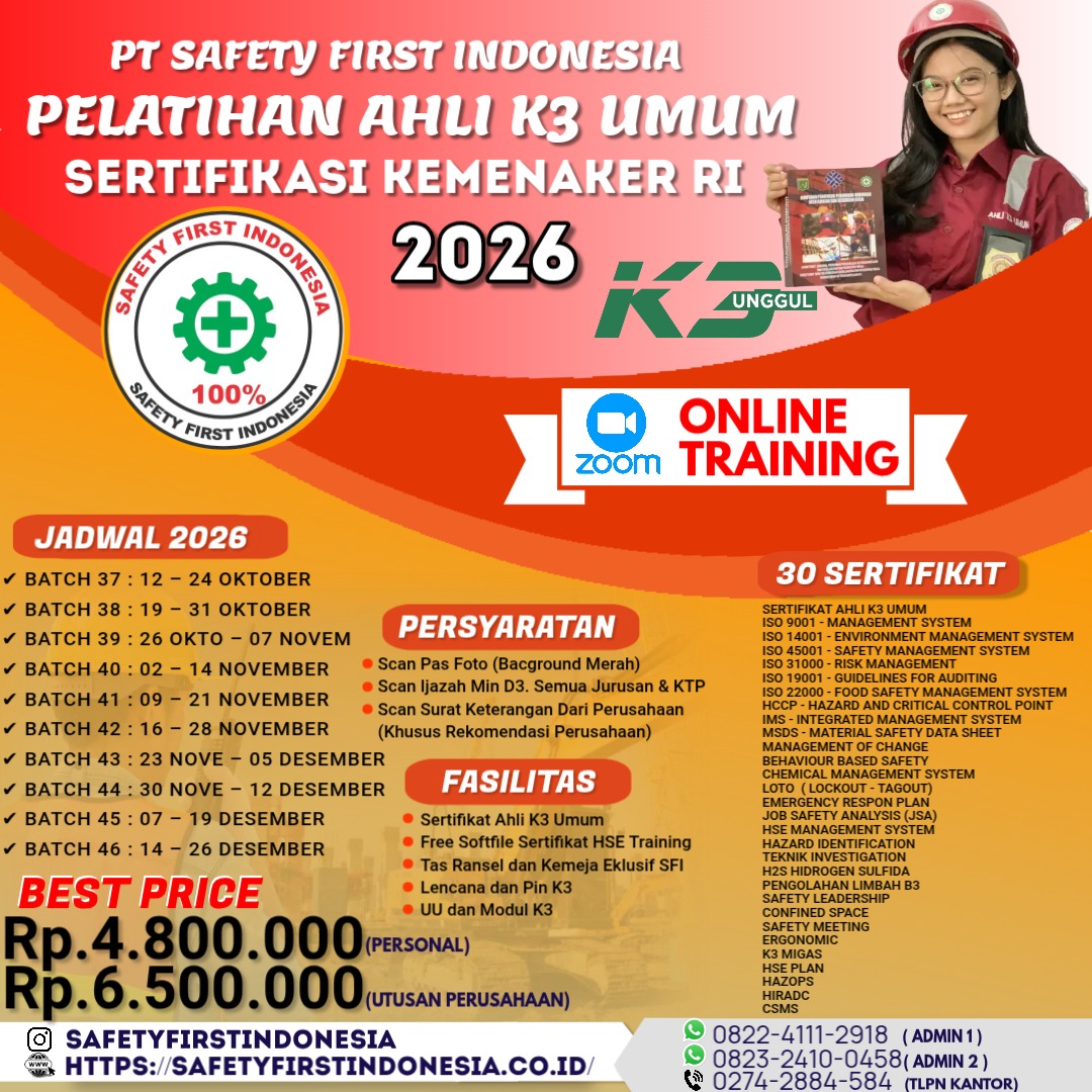 Sertifikasi Kemnaker RI Ahli K3 Umum 2026 ONLINE zoom 30 Sertifikat