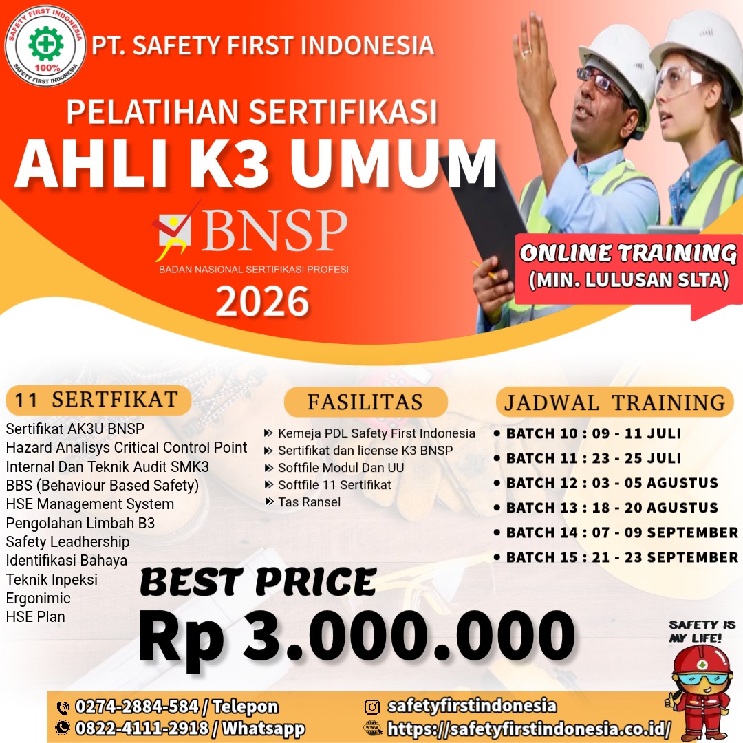 Pembinaan Sertifikasi Ahli K3 Umum BNSP tahun 2026 11 Sertifikat