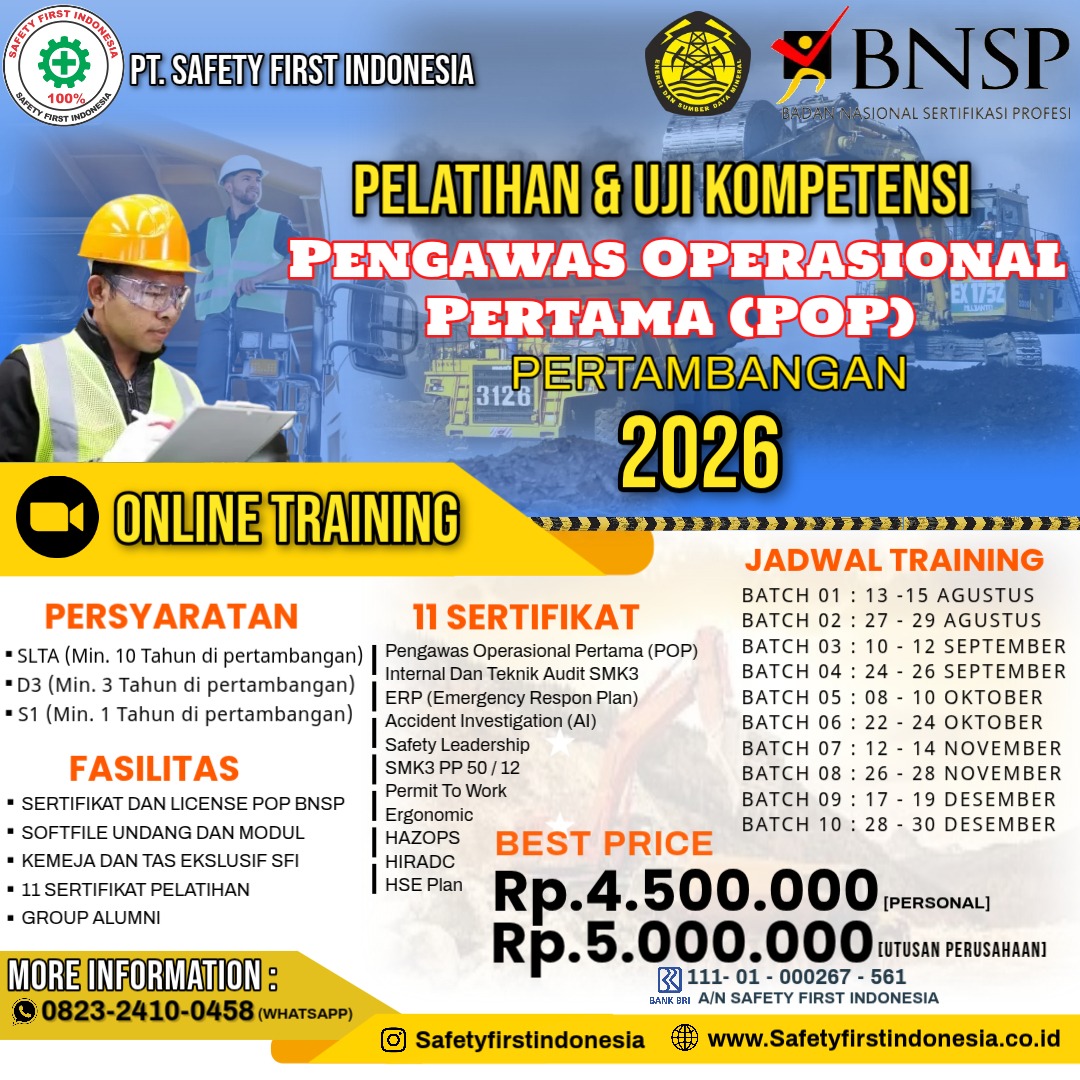 Pelatihan Dan Uji Kompetensi Pengawas Operasional Pertama Online