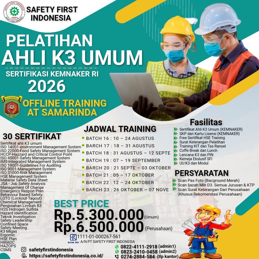 Pelatihan Ahli K3 Umum Sertifikasi Kemnaker RI Offline di Samarinda - 30 Sertifikat