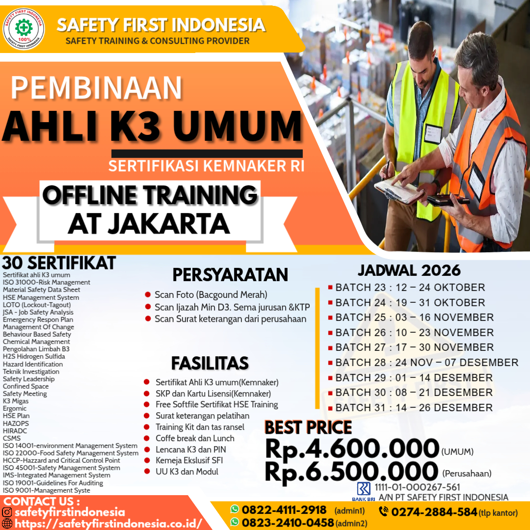 Pelatihan Ahli K3 Umum Sertifikasi Kemnaker RI Offline di Jakarta - 30 Sertifikat