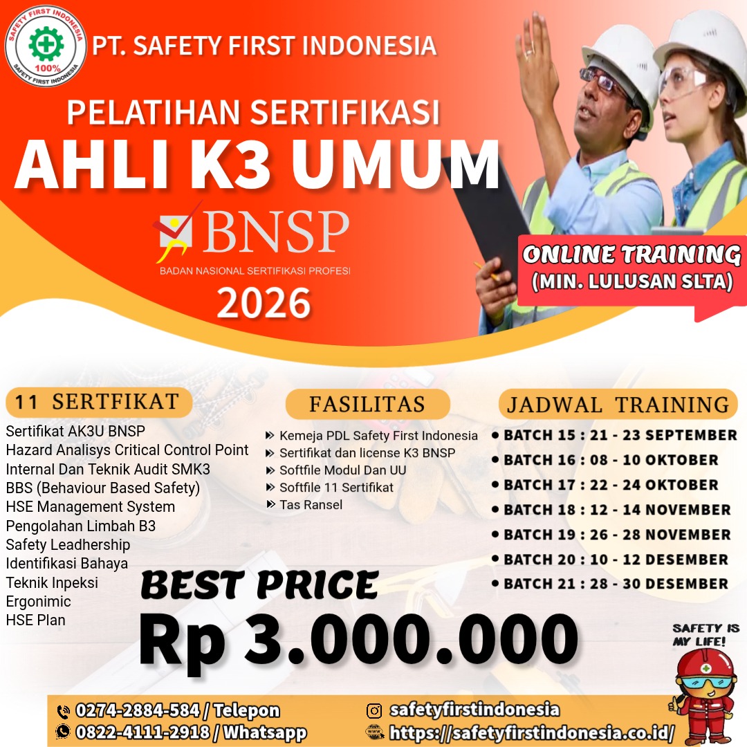 Pembinaan Sertifikasi Ahli K3 Umum BNSP tahun 2026 11 Sertifikat