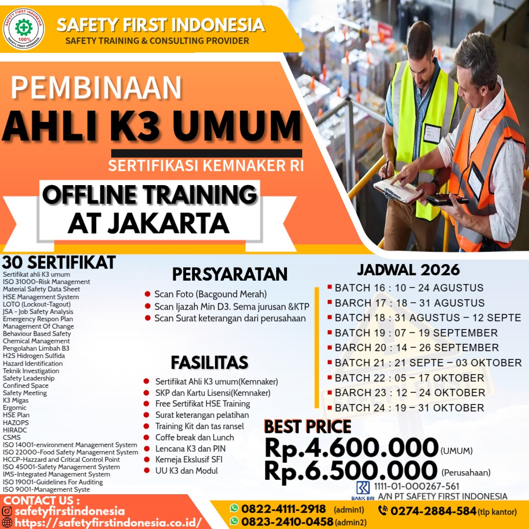 Pelatihan Ahli K3 Umum Sertifikasi Kemnaker RI Offline di Jakarta - 30 Sertifikat