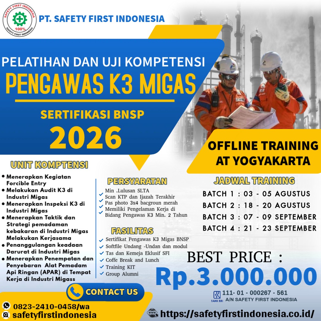 Pelatihan dan Uji Kompetensi Pengawas K3 Migas tahun 2026 Offline di Yogyakarta