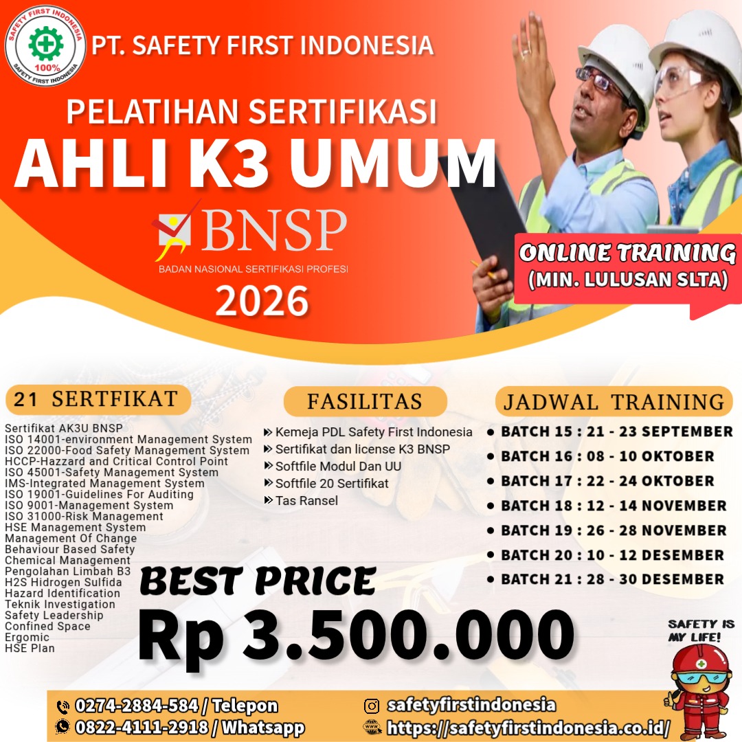 Pembinaan Sertifikasi Ahli K3 Umum BNSP tahun 2026 21 Sertifikat
