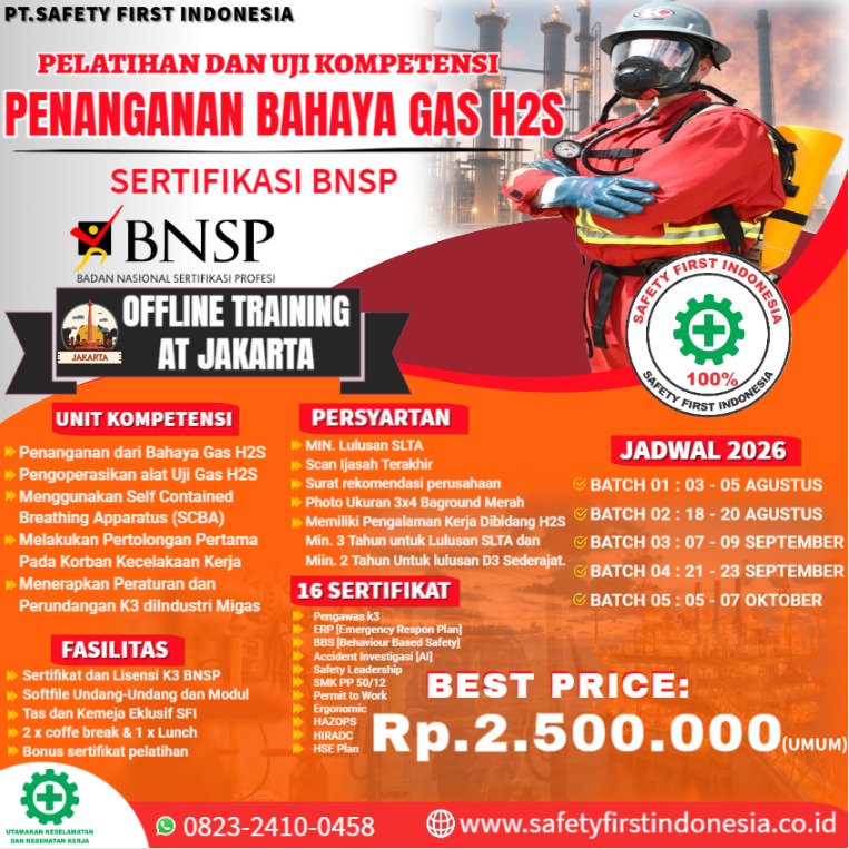 Pelatihan Dan Uji Kompetensi penanganan bahaya gas H2S Sertifiaksi BNSP Jakarta