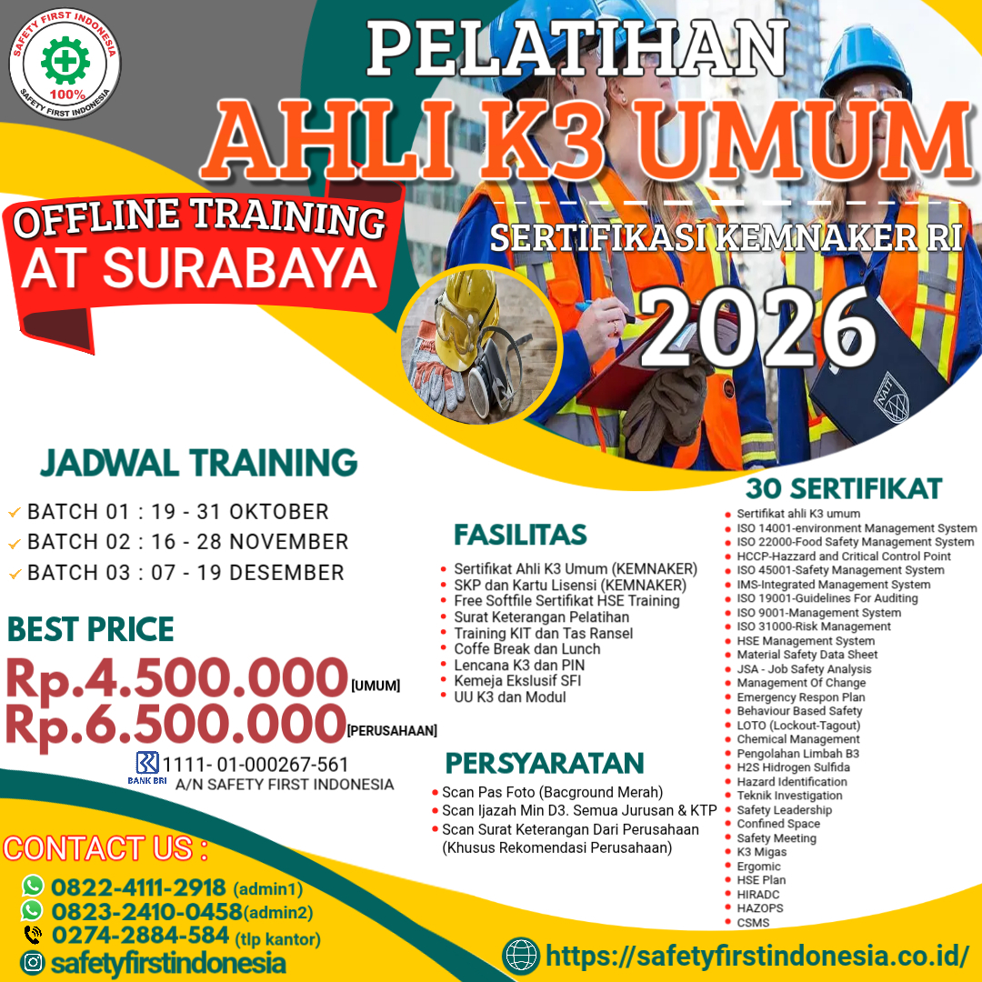 Pelatihan Ahli K3 Umum Sertifikasi Kemnaker RI Offline di Surabaya - 30 Sertifikat